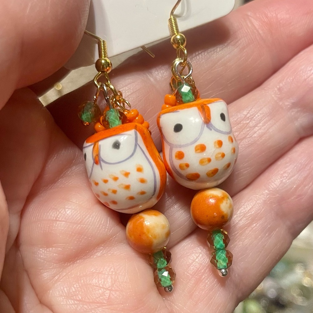 Fun Owl Earrings with Orange and Green Accents - Picture 5 of 9